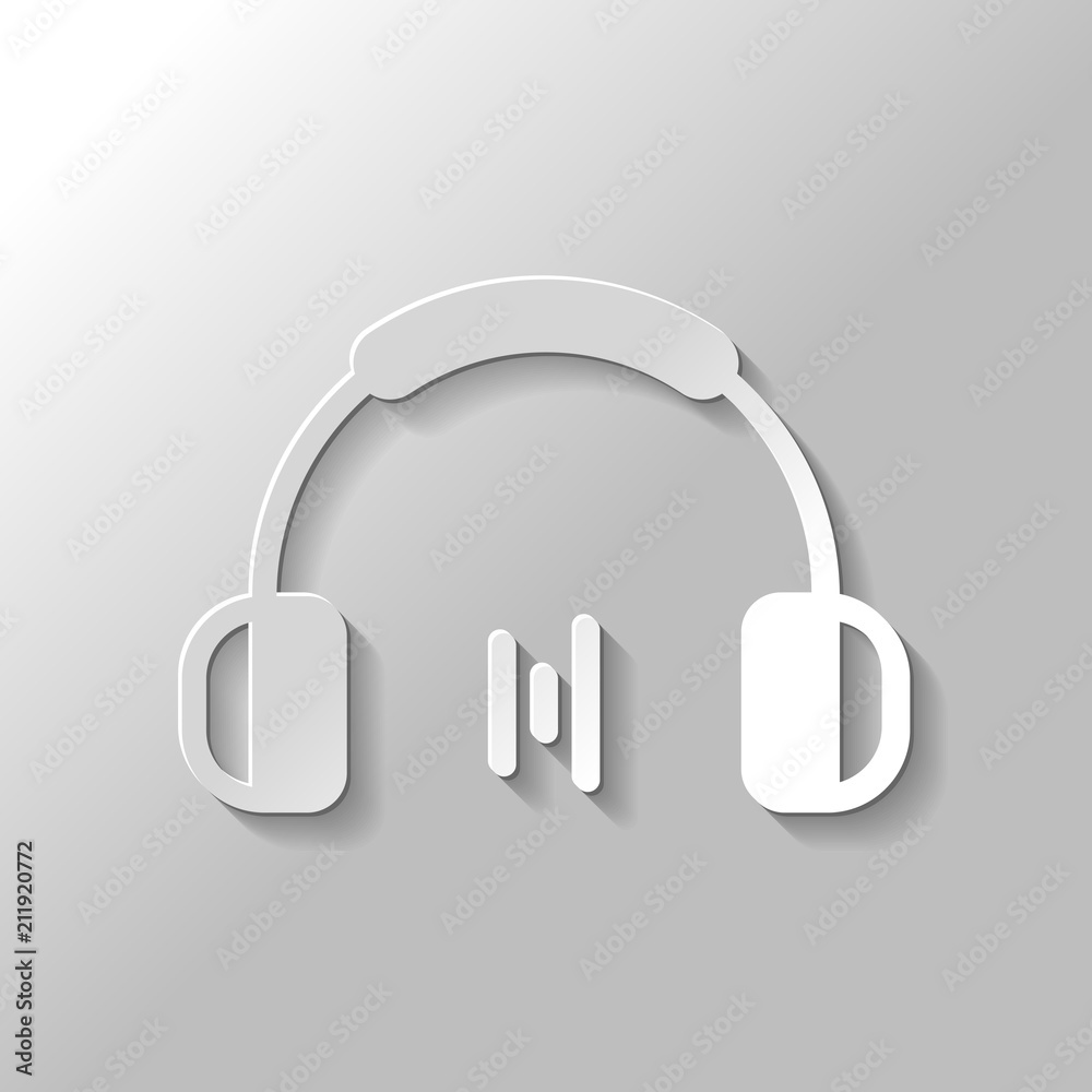 Headphones and music wave. Min volume level. Simple icon. Paper Headphones and music wave. Min volume level. Simple icon. Paper