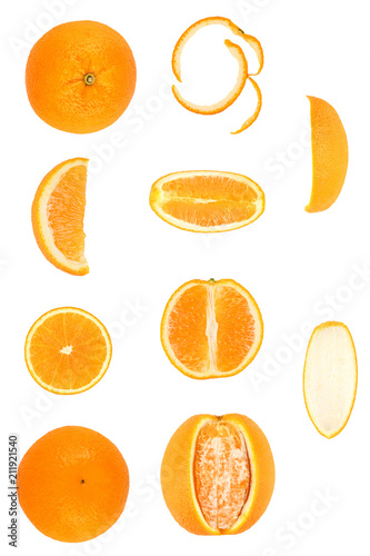 Set orange and slices isolated on white background. From top view