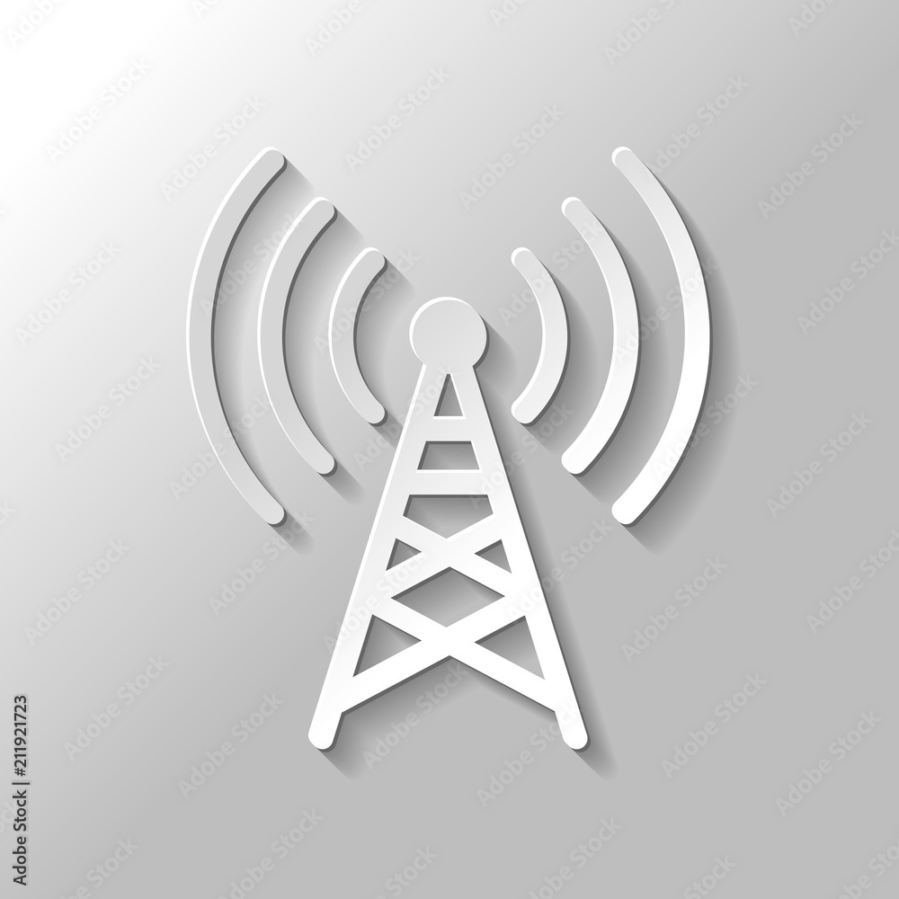 Radio tower icon. Linear style. Paper style with shadow on gray Radio tower icon. Linear style. Paper style with shadow on gray