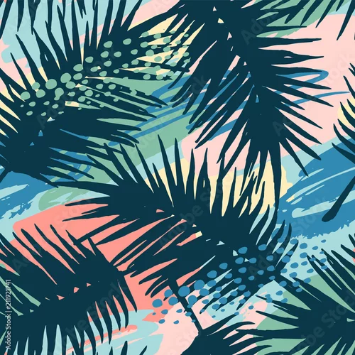 Tapety Bezszwowy egzotyczny wzór z tropikalnymi roślinami i artystycznym tłem.