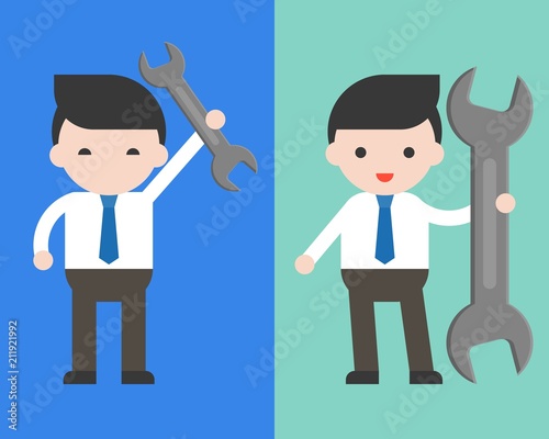 Cute Businessman or manager holding pliers, ready to use character, flat design