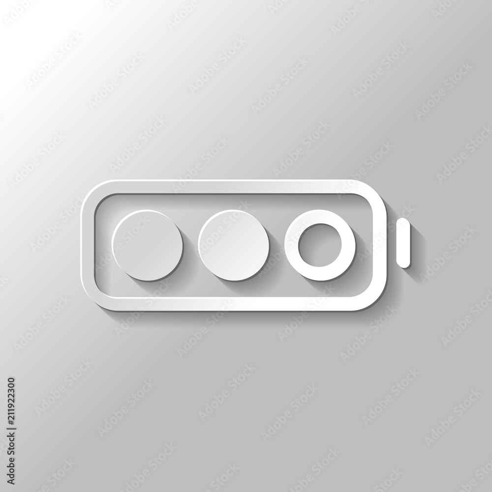 Simple battery, half level. Paper style with shadow on gray back Simple battery, half level. Paper style with shadow on gray back