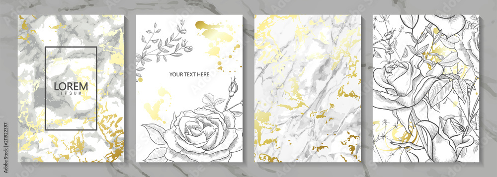 Luxury cards collection with marble golden texture and hand-drawn flowers.Vector trendy background. Modern set of abstract card, template,posters,invitational