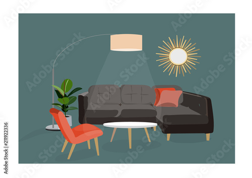 vector interior design illustration. home house decor decoration. furniture living room lounge. sofa armchair table coffee lamp cushion plant vase. modern contemporary designer trendy style. trend. 