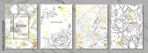 Plakat Luksusowe karty kolekcja z marmurową złotą teksturą i pociągany ręcznie kwiatami. Wektorowy modny tło. Nowożytny set abstrakcjonistyczna karta, szablon, plakaty, invitational