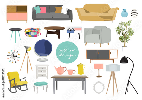 collection of furniture. interior design elements in modern trendy style. vector illustration of home decor elements. danish scandinavian style interiors. 