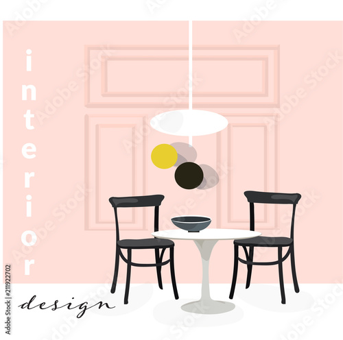 vector interior design illustration. home house decor decoration. furniture of dining room: chair, table, palm. modern contemporary designer trendy style. trendy house style.  interior design logo. 