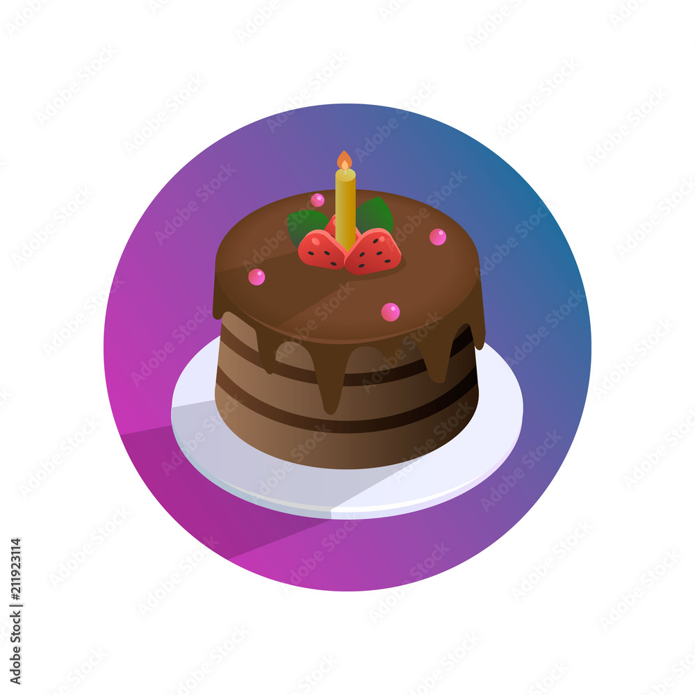 Vector chocolate birthday cake with strawberries and candle on a plate Vector chocolate birthday cake with strawberries and candle on a plate