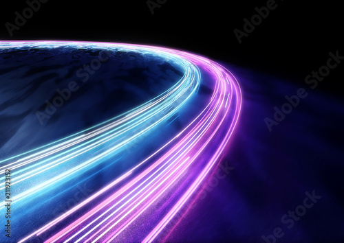Photography Cyan and pink neon car trail lights background. 3D illustration.