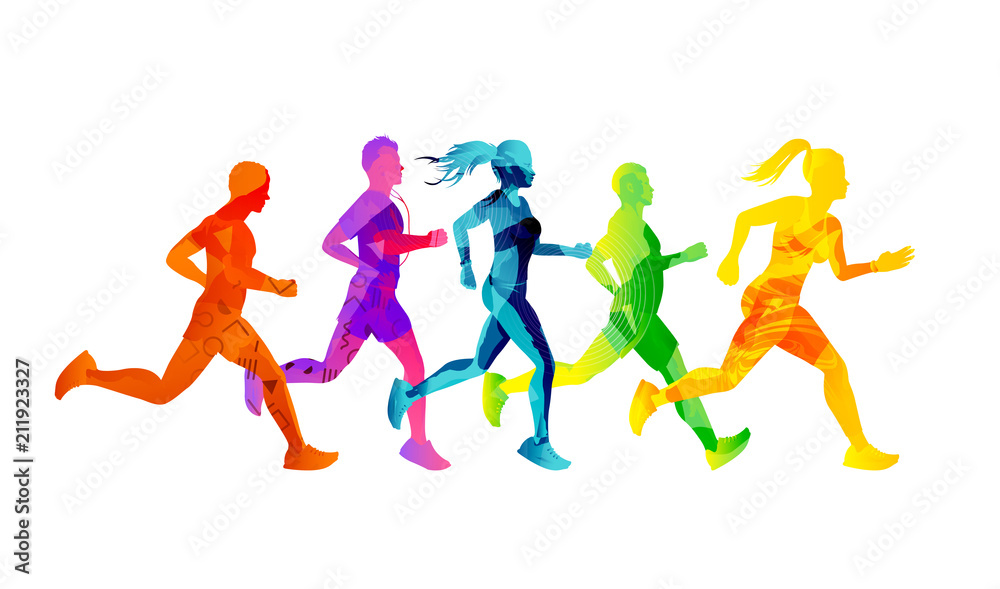 A group of running men and women competing and staying fit. Colourful texture people silhouettes. Vector illustration.
