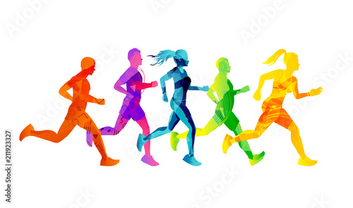 A group of running men and women competing and staying fit. Colourful texture people silhouettes. Vector illustration.