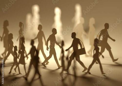 A crowd of busy people walking on a busy street made out of paper silhouettes. 3D illustration.