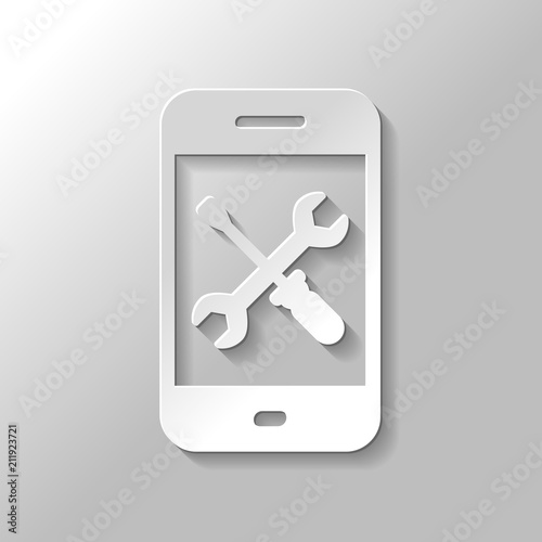 Phone repair service icon. Paper style with shadow on gray backg