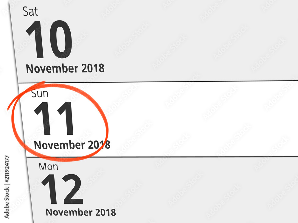 Date Sunday 11 November 2018 circled in red on a calendar Date Sunday 11 November 2018 circled in red on a calendar