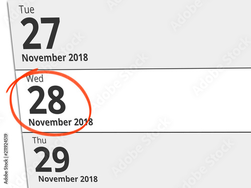 Date Wednesday 28 November 2018 circled in red on a calendar