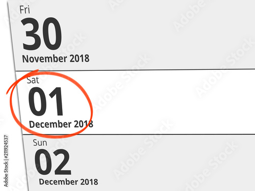 Date Saturday 01 December 2018 circled in red on a calendar