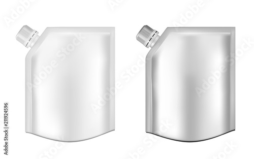 White empty plastic packaging with cap. Blank foil sachet for food or drink