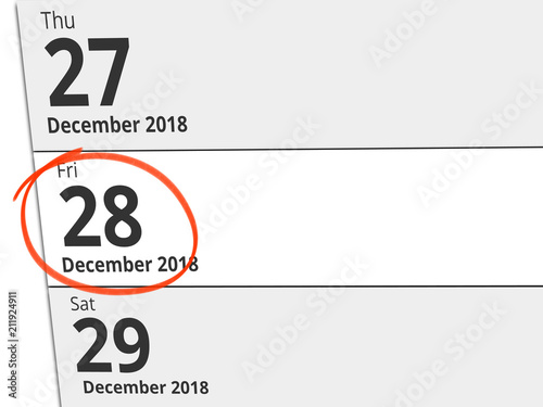 Date Friday 28 December 2018 circled in red on a calendar