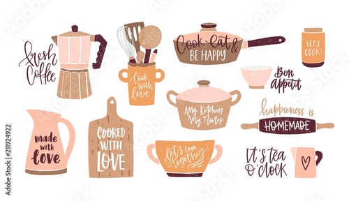Set of lettering written with cursive font and decorated with cookware, kitchen utensils for home cooking and tools for food preparation isolated on white background. Colorful vector illustration.