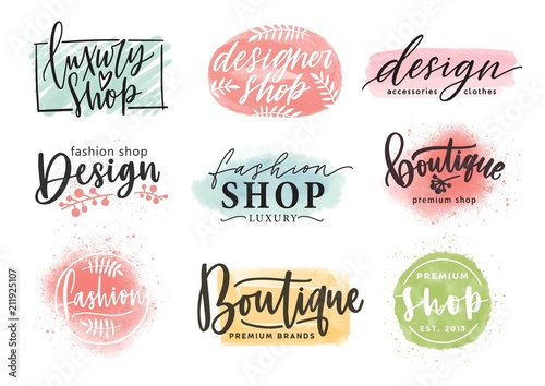 Collection of beautiful lettering hand drawn with elegant cursive font against colorful stains on background. Vector illustration for fashion boutique logo, apparel store or designer shop logotype. photo
