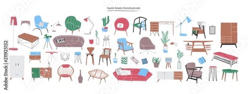Bundle of stylish and comfy modern furniture, furnishings and home interior decorations of trendy Scandinavian or hygge style isolated on white background. Colorful hand drawn vector illustration.