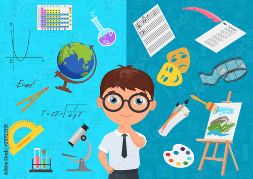 Flat style of diligent schoolboy character in glasses surrounded with various icons of school subjects on blue background. Academic specialization choosing.