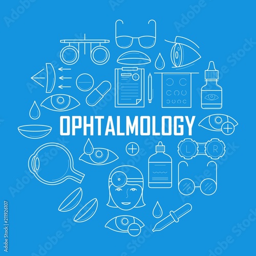 Ophthalmology concept with thin line icons. Oculist optometry pictograms. Human eyes vision diagnosis and correction. Human eyes vision diagnosis and correction. Eye specialist vector signs