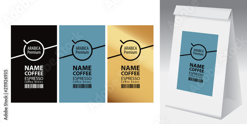 Paper packaging with label for coffee beans. Set of three vector labels for coffee with coffee cup and barcode, and paper 3d package with one of this labels.
