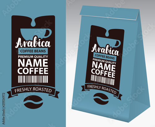 Paper packaging with label for coffee beans. Vector label for coffee with cup, bar code, coffee bean and inscription Arabica, and paper 3d package with this label.