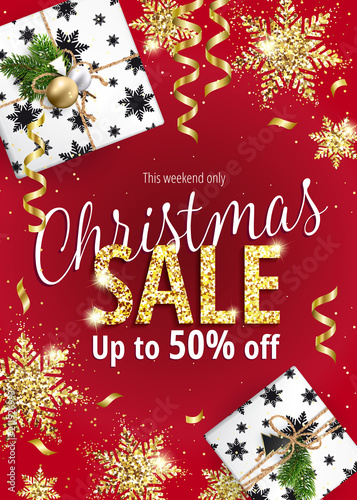 The Christmas sale. Discounts up to 50 percent. Banner for website or advertising flyer. Realistic vector. Golden, red and white colors. Festive new year design template. EPS10.