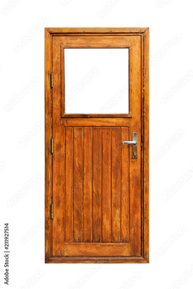 Obraz premium A wooden door with a window and planks isolated on white background