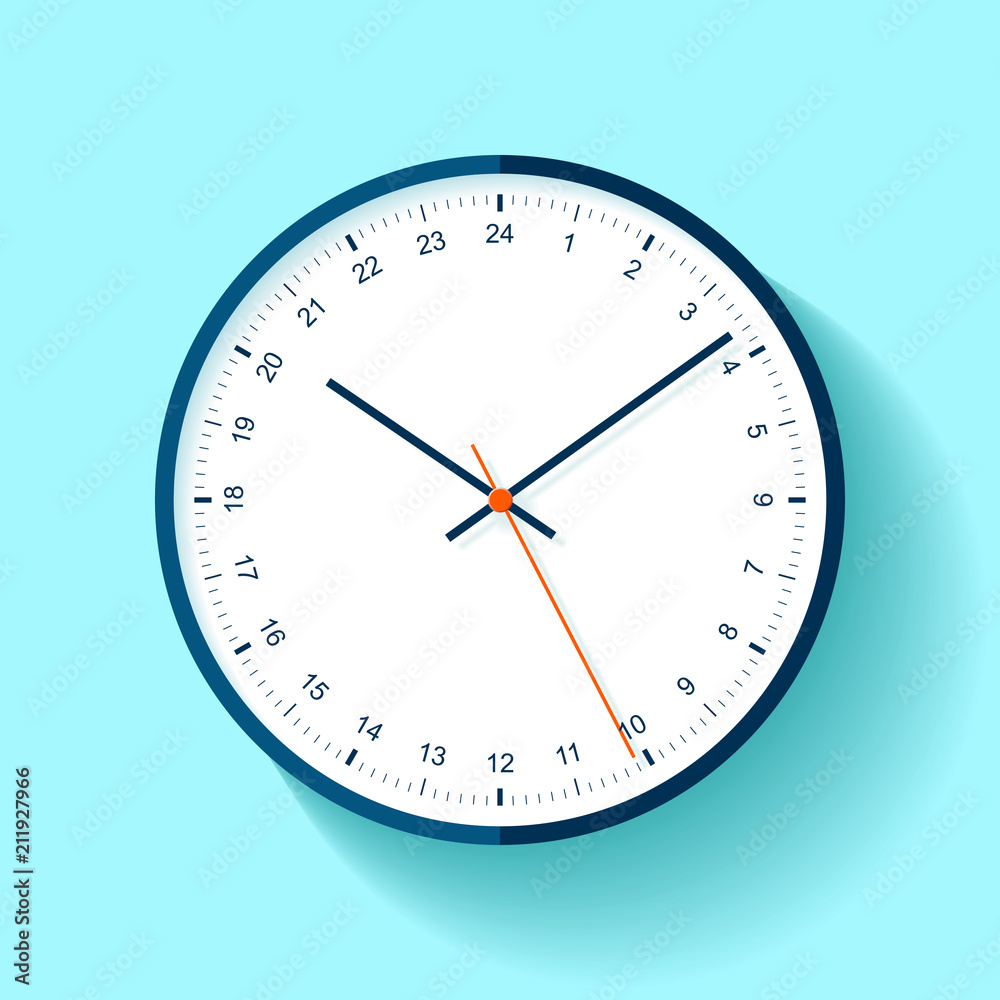 Clock icon in flat style, round timer on blue background. Twenty-four hour watch. Simple business object. Vector design element for you project Clock icon in flat style, round timer on blue background. Twenty-four hour watch. Simple business object. Vector design element for you project