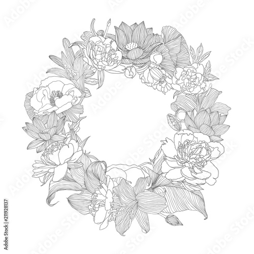 Wreath of assorted linear flowers.