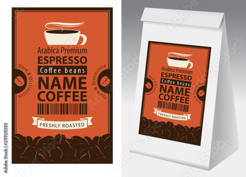Paper packaging with label for coffee beans in retro style. Vector label for coffee with cup, bar code, coffee beans and paper 3d package with this label.