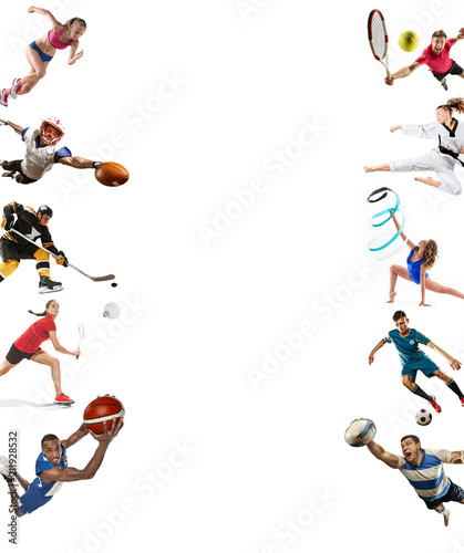 Fototapeta Naklejka Na Ścianę i Meble -  Sport collage about kickboxing, soccer, american football, basketball, ice hockey, badminton, taekwondo, tennis, rugby
