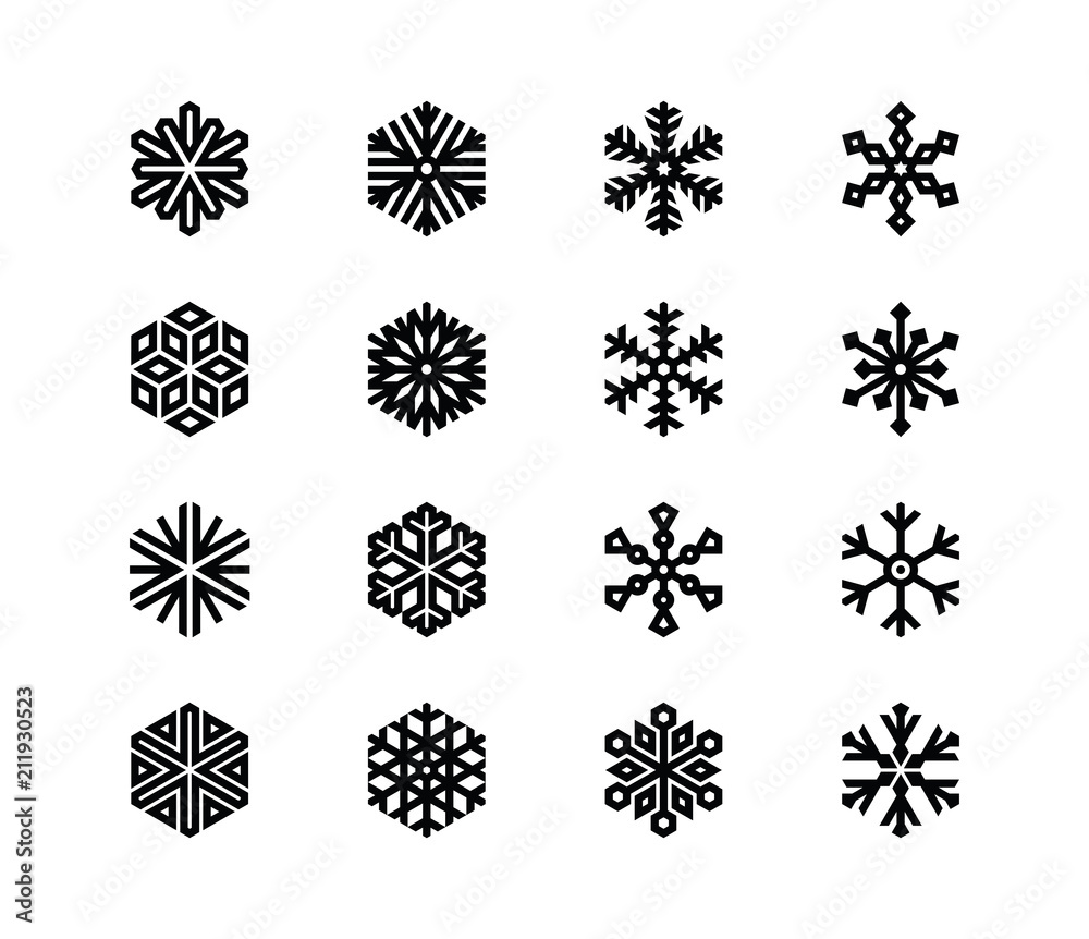 Set of snowflakes. 16 vector icons. Collection of logos for your design. Set of snowflakes. 16 vector icons. Collection of logos for your design.