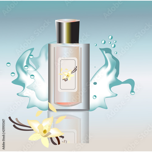 New fragrance for men perfume poster with vial of eau de parfum on blue background and fresh power headline realistic vector illustration