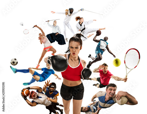 Fototapeta Naklejka Na Ścianę i Meble -  Sport collage about kickboxing, soccer, american football, basketball, badminton, taekwondo, tennis, rugby
