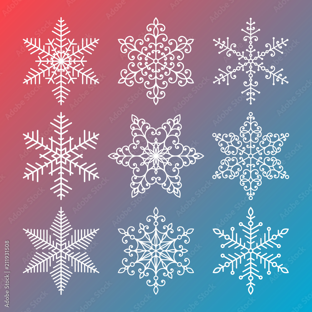 Set of snowflakes. 9 snowflakes on the gradient background. Set of snowflakes. 9 snowflakes on the gradient background.