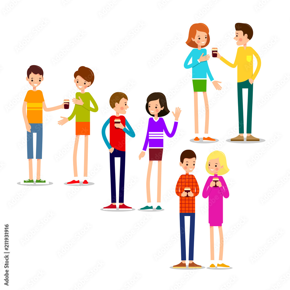 Drinking coffee. Man and woman are standing and drinking hot drink. Illustration in flat style. Modern people of drinking coffee. Isolated Drinking coffee. Man and woman are standing and drinking hot drink. Illustration in flat style. Modern people of drinking coffee. Isolated