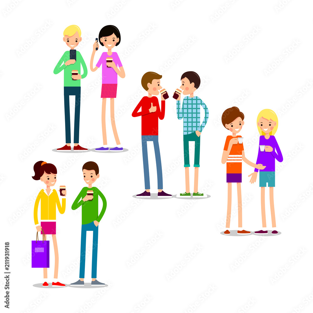 Drinking coffee. Man and woman are standing and drinking hot drink. Illustration in flat style. Modern people of drinking coffee. Isolated Drinking coffee. Man and woman are standing and drinking hot drink. Illustration in flat style. Modern people of drinking coffee. Isolated