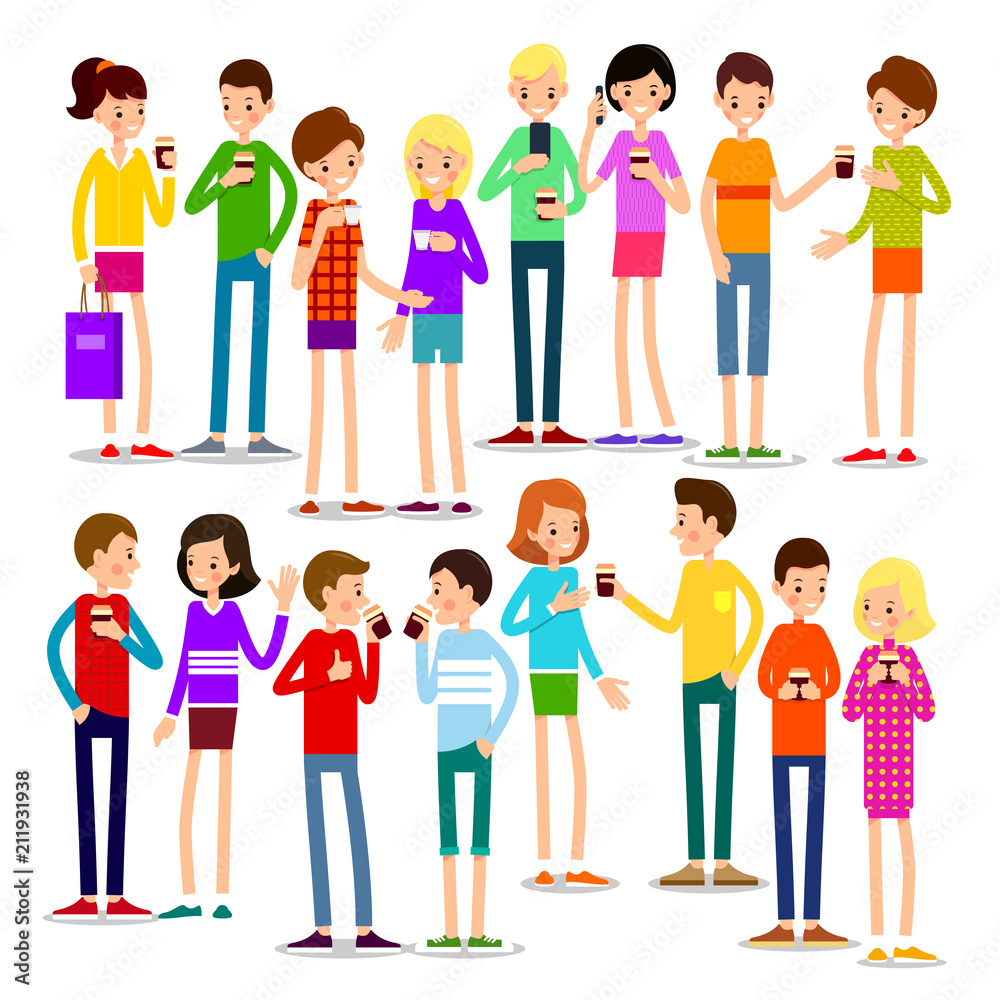 Drinking coffee. Man and woman are standing and drinking hot drink. Illustration in flat style. Modern people of drinking coffee. Isolated Drinking coffee. Man and woman are standing and drinking hot drink. Illustration in flat style. Modern people of drinking coffee. Isolated