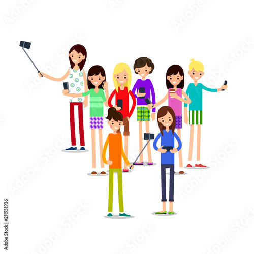 Woman selfie. Friends do joint self-portrait photograph. Happy smiling young man and women taking selfie photo. Illustration in flat style. Isolated
