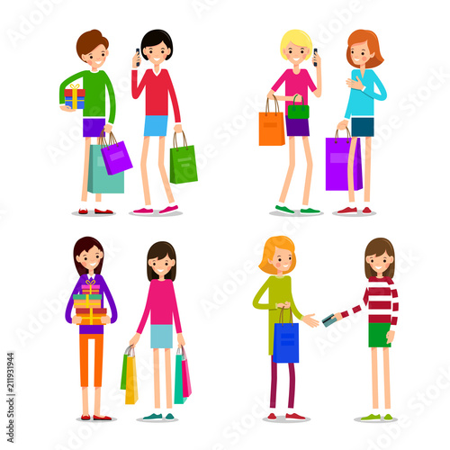 Woman with shopping bags and credit card. Young girl standing with shopping bags and credit card for banking payments. Illustration isolated on white background in flat style