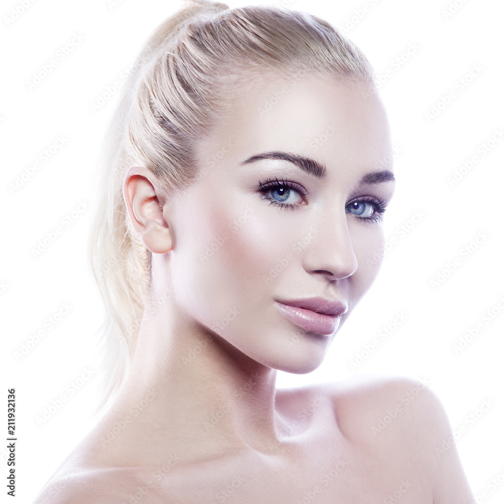 Beauty girl close-up portrait. Perfect skin, blue eyes, nude make-up