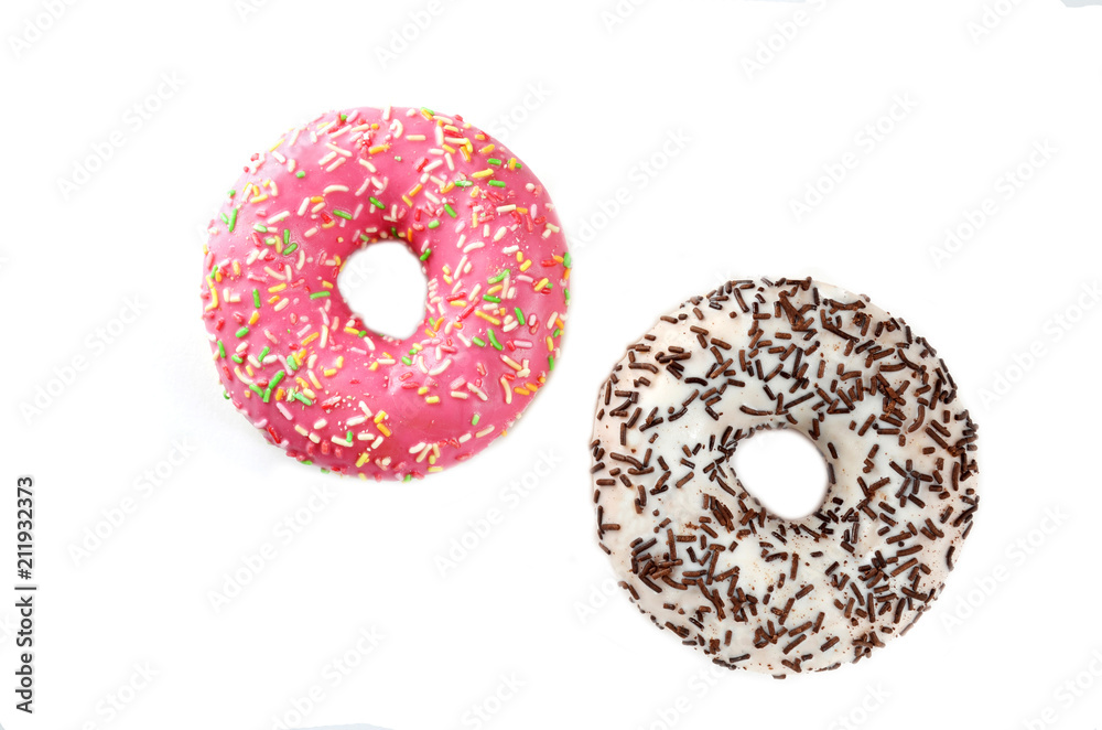 Pink and white donuts on white background Pink and white donuts on white background