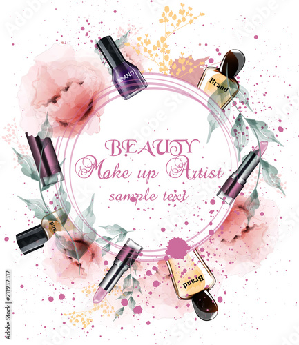 Vintage watercolor round frame make up professional background Vector illustrations