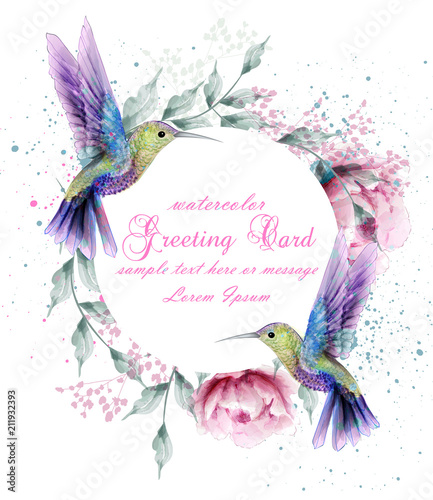 Greeting card with watercolor humming bird frame. Vector