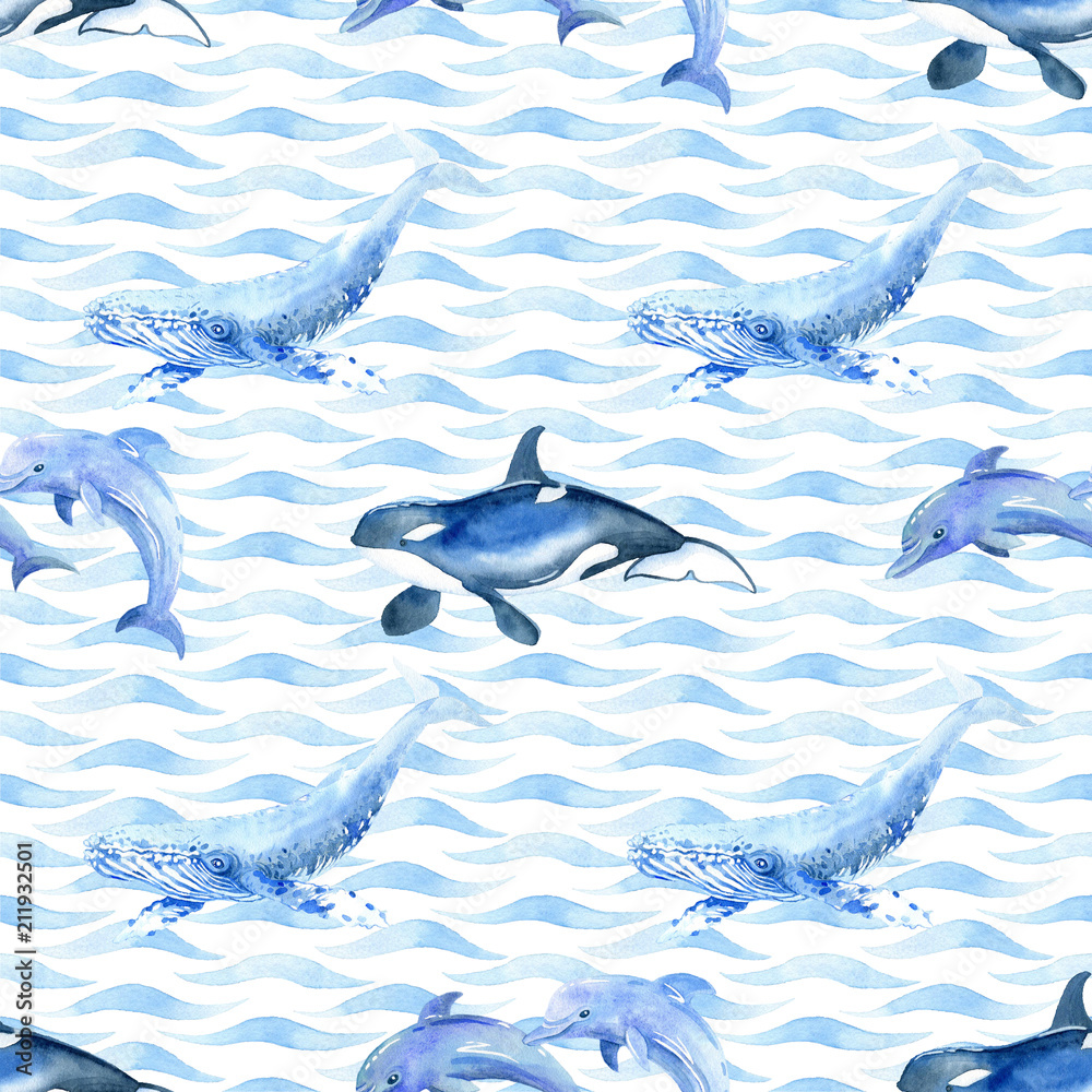 Fototapeta premium Delfin, rekin, wieloryb, orka akwarela raster bez szwu