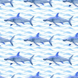 Whale watercolor raster seamless pattern.